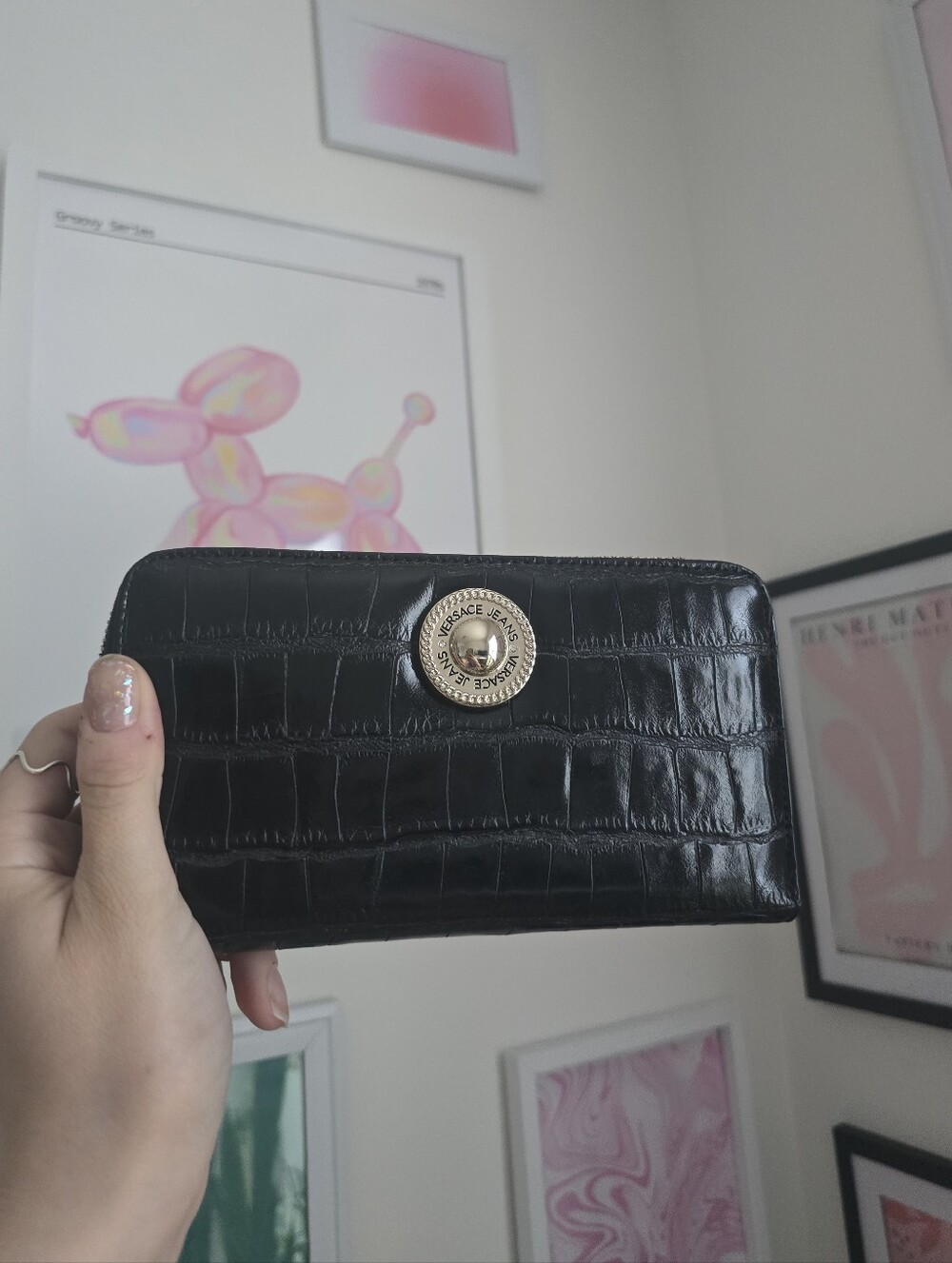 Authentic Versace Jeans Black Croc-Embossed Zip Wallet NWT